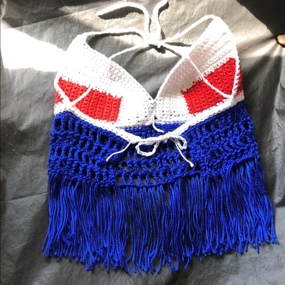 Red, White, and Blue Crochet Halter Top with Fringe - Picture 13 of 15